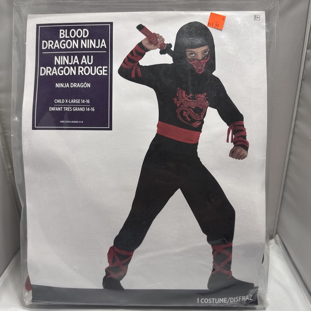 Amscan Blood Dragon Ninja Halloween Costume Kids XL 14-16 Black Red 3pc Set #275 - Picture 1 of 2